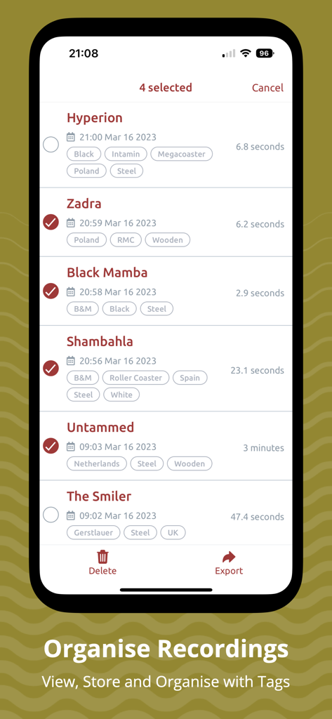 A screen of the Sensor Logger app showing a list of sensor data recordings with options to organize and tag them