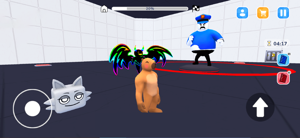 Obby World: Prison Escape - A gameplay screenshot of Obby World Prison Escape featuring character skins and a giant police officer.