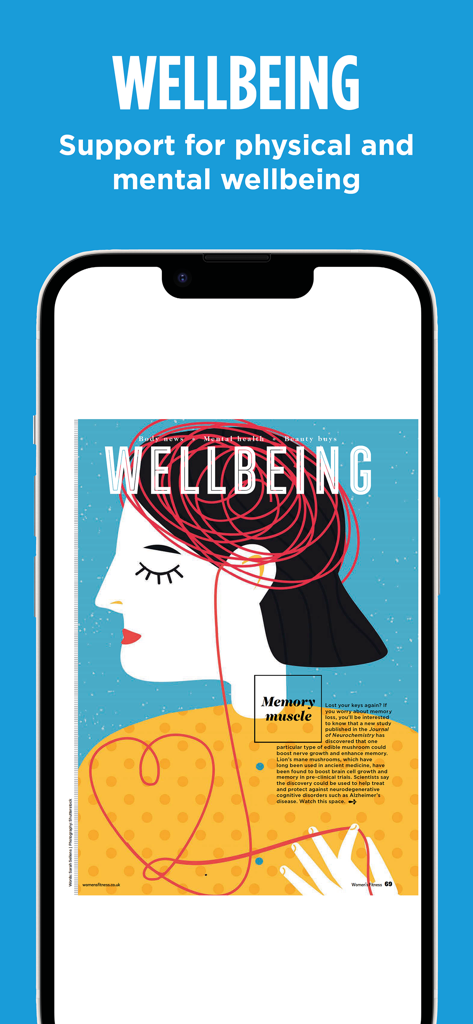 신체 및 정신 건강 지원을 위한 웰빙 기사를 보여주는 여성 피트니스 앱 스크린샷.