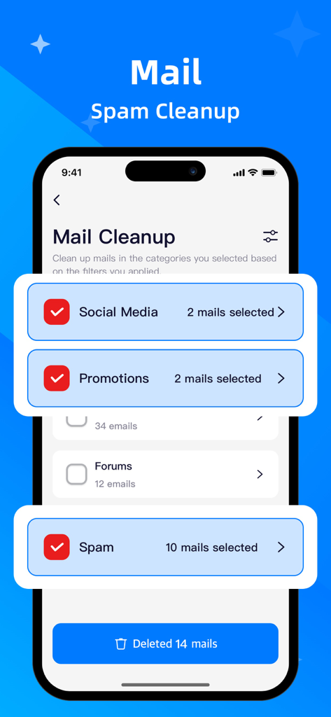 Clean Now app interface for organizing and deleting mail spam and promotional emails.