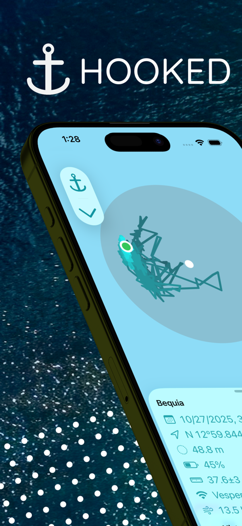 Hooked: Remote Anchor Alarm - Interfaz de la aplicación Hooked Remote Anchor Alarm mostrando rastreo de barcos en tiempo real y datos GPS en un iPhone