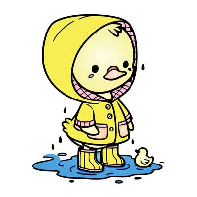 baby duck in a rain coat and boots, in a puddle while it’s raining