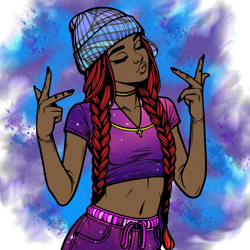 realistic teenage girl with braids and a beanie and crop top doing 🫶🏼