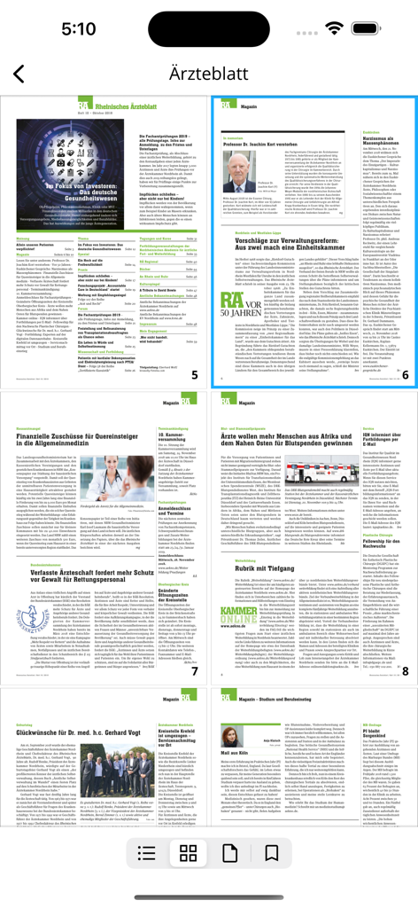 Rheinisches Ärzteblatt RÄ - Thumbnail grid view of multiple medical journal pages within the Rheinisches Aerzteblatt app.