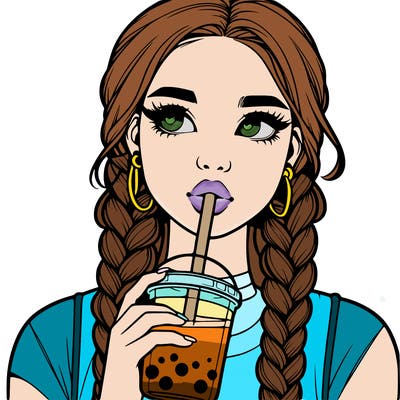 realistic girl with braided hair drinking boba