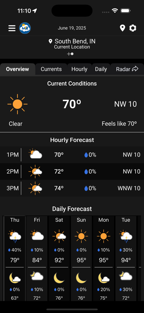 Matt Rudkin Weather - Matt Rudkin Weather app dashboard showing the current temperature and daily forecast for South Bend Indiana