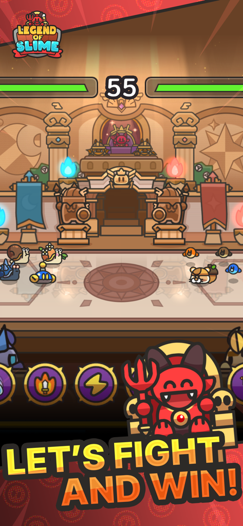Legend of Slime: Idle RPG - Arena de batalha de Legend of Slime mostrando personagens slime fofos lutando com um chefe demônio vermelho e um cronômetro