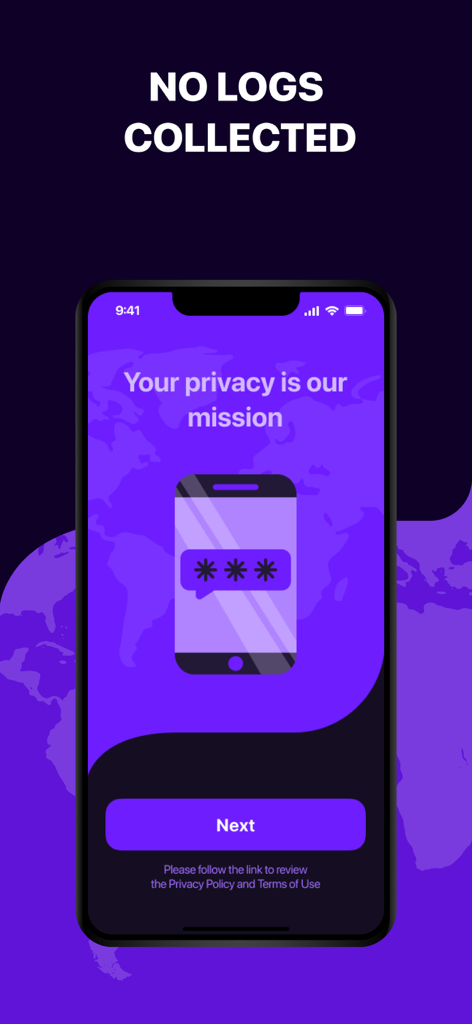 Screenshot of Sensor VPN app highlighting privacy mission and no logs policy
