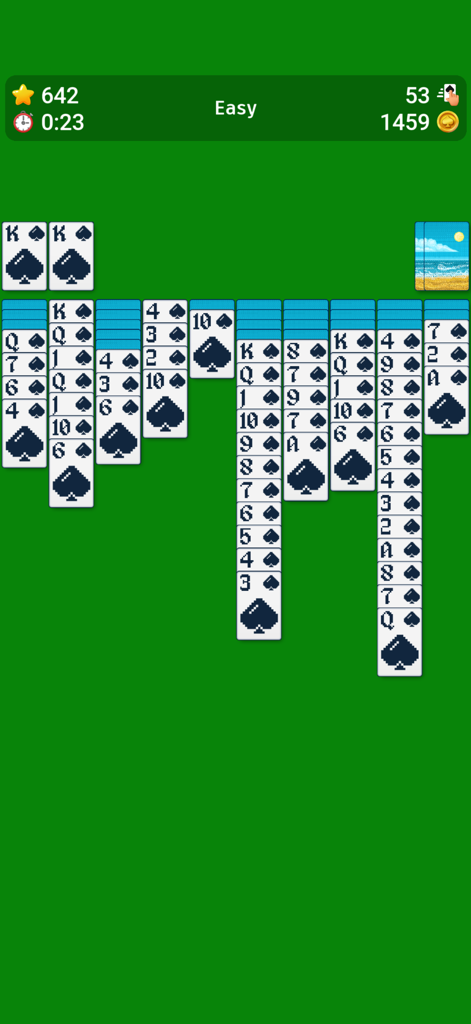 Spider Solitaire` - A screenshot of Spider Solitaire mobile game showing easy mode gameplay with one suit of spade cards on a classic green background.