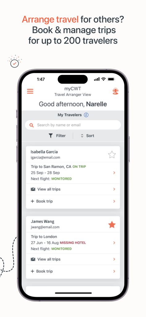 myCWT - Vista de organizador de viajes de la aplicación móvil myCWT que muestra la gestión de viajes corporativos para varios viajeros