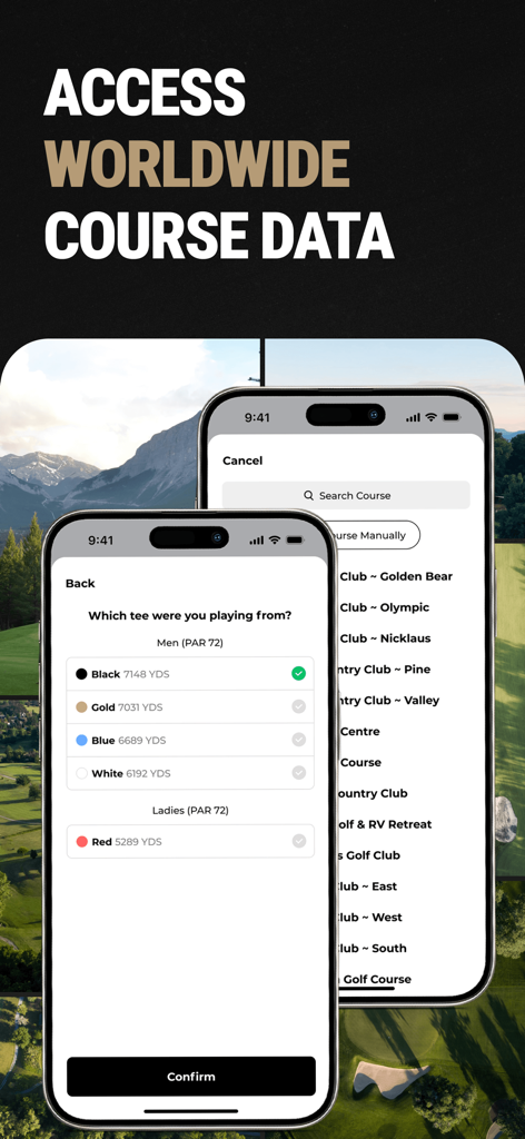 GolfCam: Golf Video Editor - Smartphone screens showing golf course search results and tee box selection options in the GolfCam app