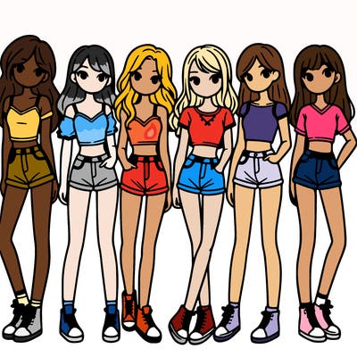 a group of girls wearing crop tops and shorts