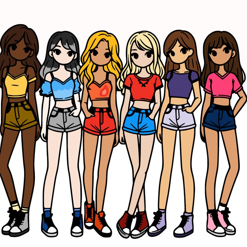 a group of girls wearing crop tops and shorts