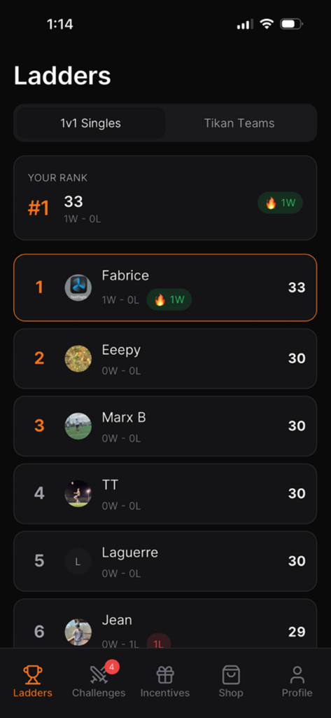 KITZ - Social - A leaderboard screen in the KITZ social app displaying player rankings and win streaks for 1v1 singles competitions.