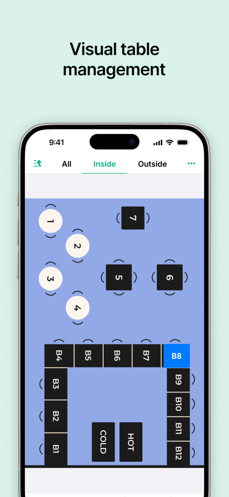 Diseño de plano de restaurante personalizado de la interfaz móvil de Tebi POS que muestra la gestión visual de mesas