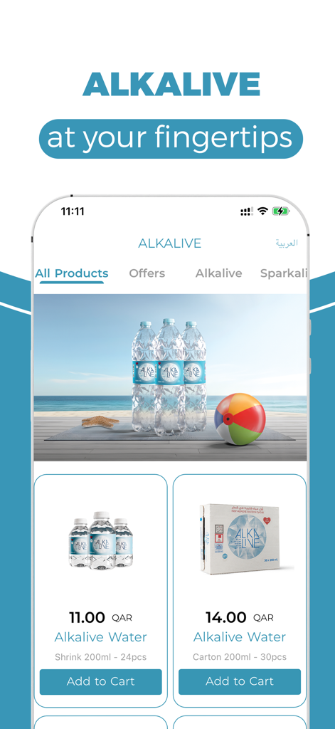 ALKALIVE - Interfaz de la aplicación móvil ALKALIVE mostrando productos de agua alcalina premium y precios