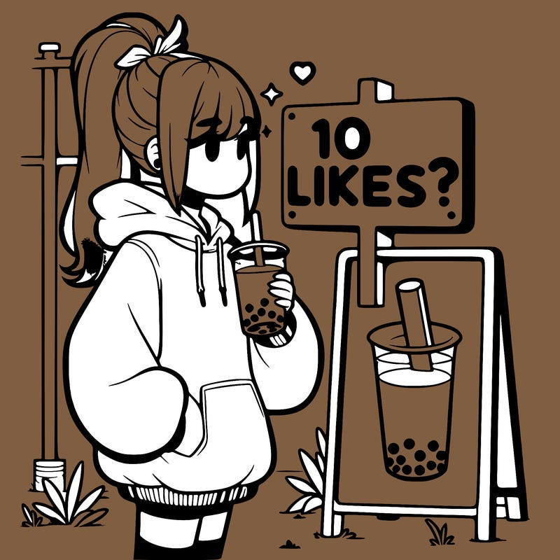 girl with oversized hoodie drinking boba and she has a high ponytail with a sign that says 10likes?