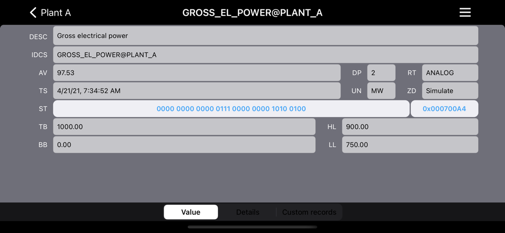 EDS Mobile - EDS Mobile app screenshot showing gross electrical power data and technical parameters for an industrial plant