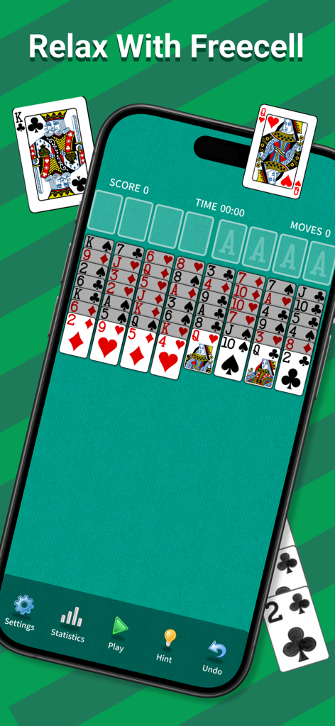 FreeCell Solitaire Classic gameplay screenshot on a mobile phone screen with a green background