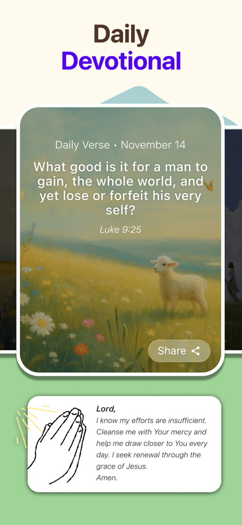 Biblical: Bible Chat & Widget - Daily devotional screen in the Biblical app featuring a verse from Luke and a prayer card