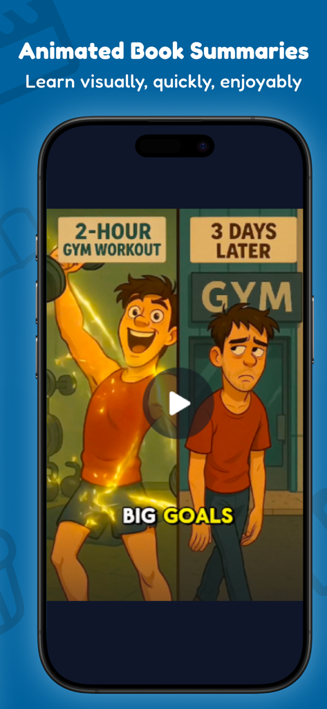 Resumen animado de un libro en la pantalla de un teléfono inteligente que muestra una comparación de dibujos animados de un entrenamiento de gimnasio y la consistencia a largo plazo