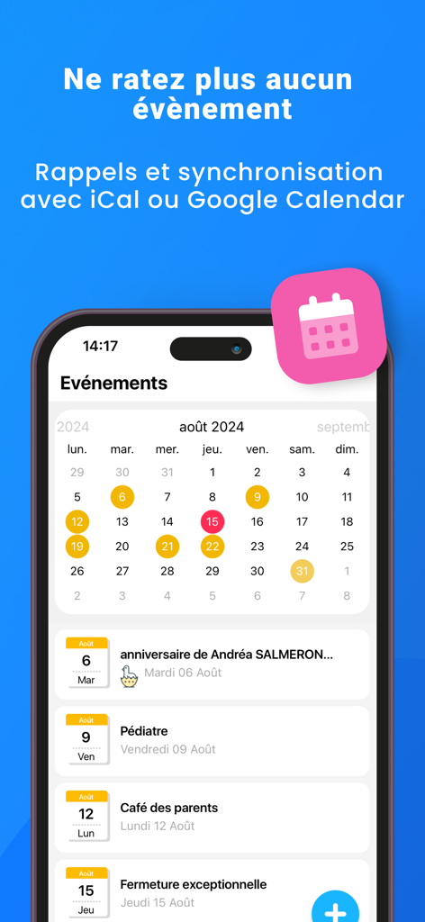 Kidizz - Interface du calendrier de l'application Kidizz montrant les événements de la crèche et les options de synchronisation pour Google et iCal