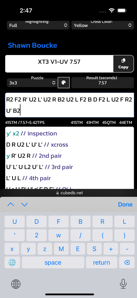 Cube Keyboard interface with specialized keys for typing Rubik's Cube notation and algorithms