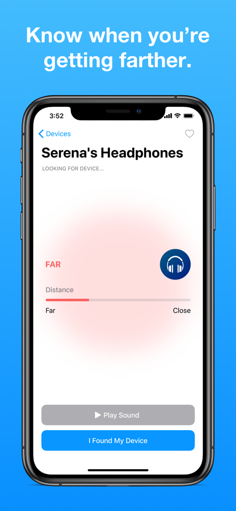 Interface do aplicativo Find My Bluetooth Device mostrando o rastreamento de distância para fones de ouvido perdidos