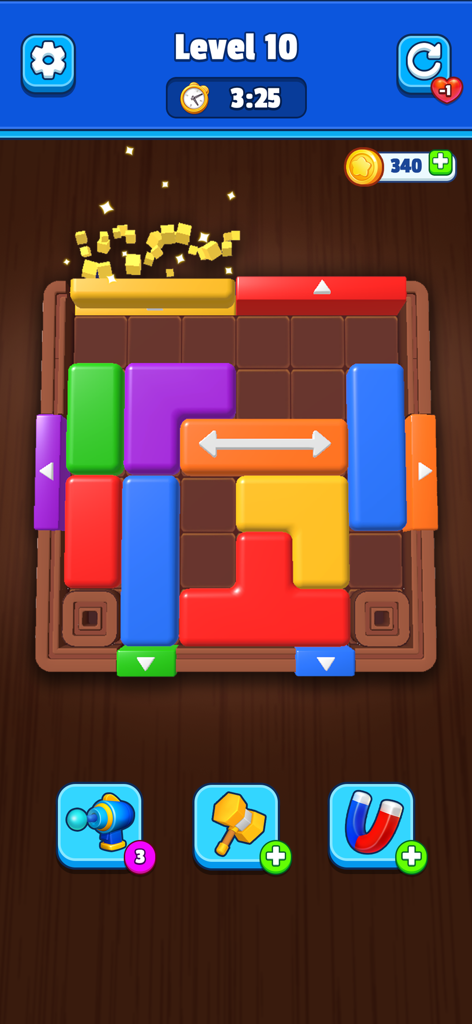 Color Jam Away - Block Puzzle - A screenshot of Color Jam Away showing a sliding block puzzle level with colorful shapes and matching exit slots