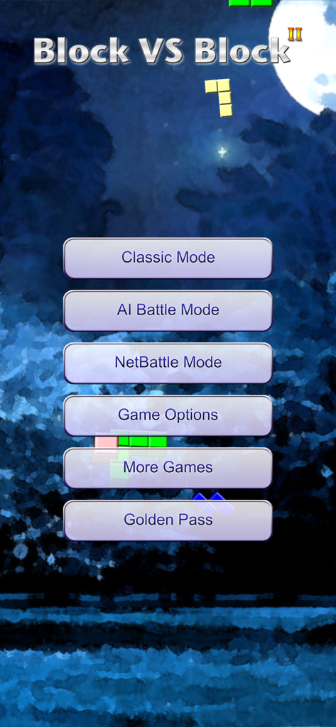 Block vs Block II - Main menu screen of Block vs Block II puzzle game showing classic and battle mode options