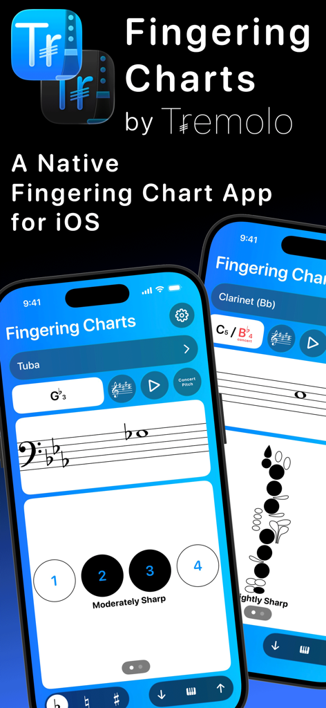 Interface of the Fingering Charts By Tremolo app displaying musical notation and fingering diagrams for Tuba and Clarinet on iOS devices.