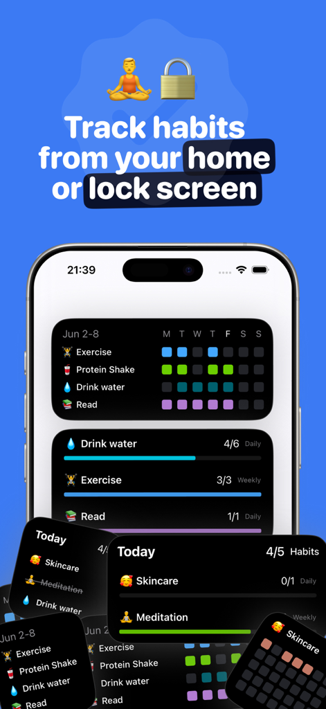 Rovelist habit tracker app showing various home and lock screen widgets for tracking daily habits on an iPhone