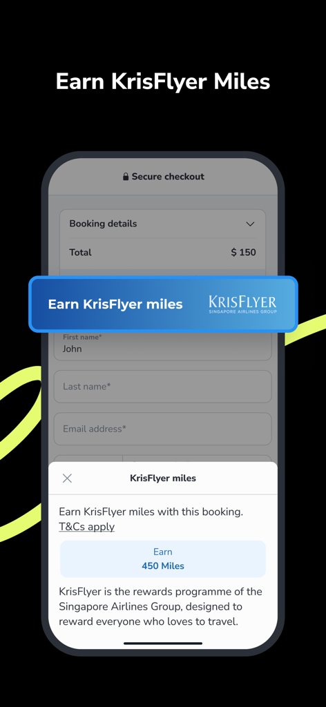 Checkout screen of Pelago app showing KrisFlyer miles reward points