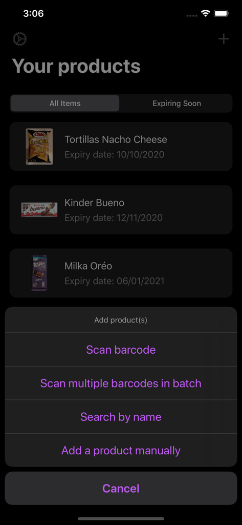 Best Before - Food Tracker - Best Beforeアプリのインターフェースに、製品リストとバーコードスキャン、名前での検索、または手動での製品追加のオプションがあるメニューが表示されている