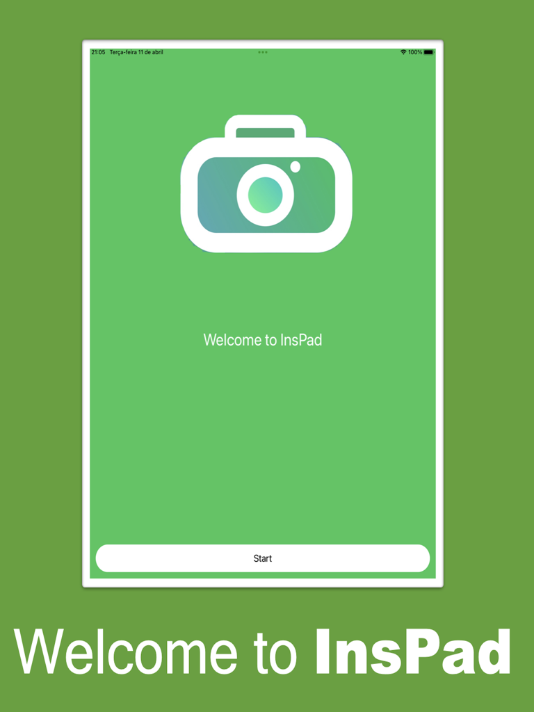 InsPad for Instagram - 카메라 아이콘과 시작 버튼이 표시되는 iPad의 InsPad for Instagram 앱 환영 화면