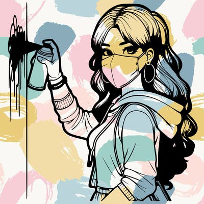 realistic girl with mask spray painting a wall