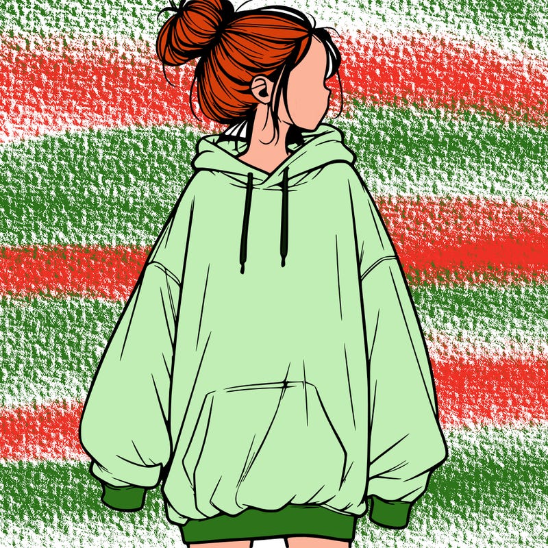 realistic girl with a oversized sweatshirt on and a bun