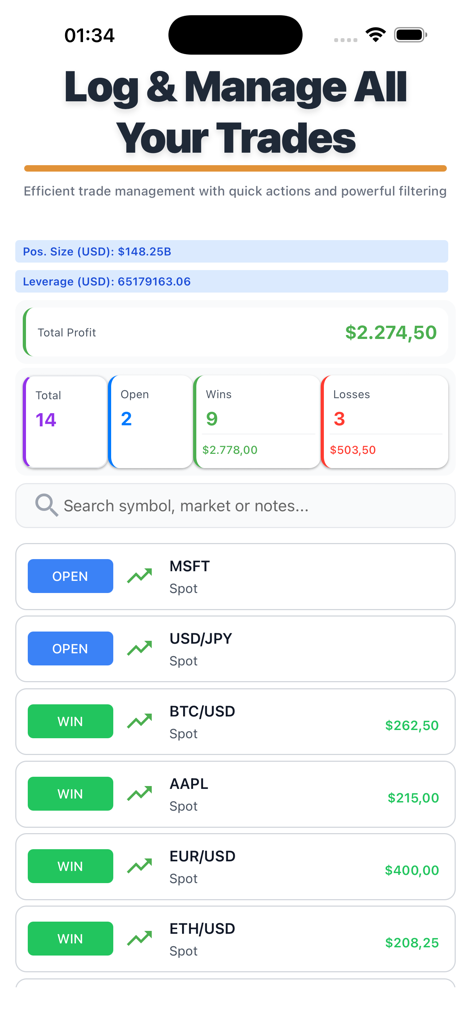 TrackIt mobile app dashboard showing total profit statistics and a list of recent stock and crypto trades.