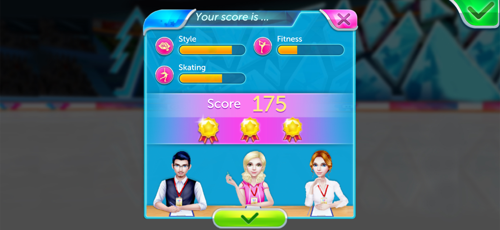 Ice Skating Ballerina - Un écran de score de l'application Danseuse sur glace montrant trois juges et un score de 175 avec trois médailles d'or.