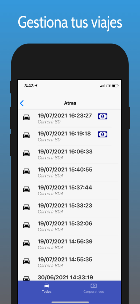 Taxi 141 - Uma lista de corridas passadas e histórico de viagens no aplicativo Taxi 141