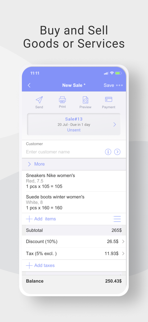 BOSS Small Business Accounting - Interface do aplicativo BOSS Contabilidade para Pequenas Empresas mostrando uma nova tela de venda com itens, descontos e saldo total
