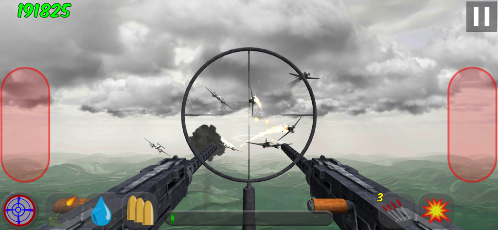 Tail Gun Charlieにて、円形の照準器越しに複数の敵機を狙う後部銃手の主観視点。