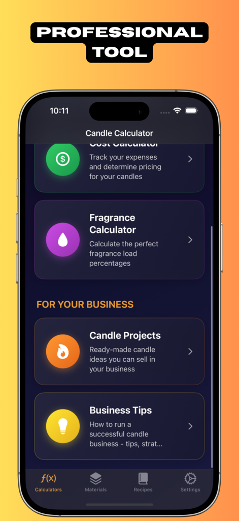 Calculator Candle - Tela do aplicativo Calculadora de Velas mostrando ferramentas profissionais para rastreamento de custos e cálculos de fragrância