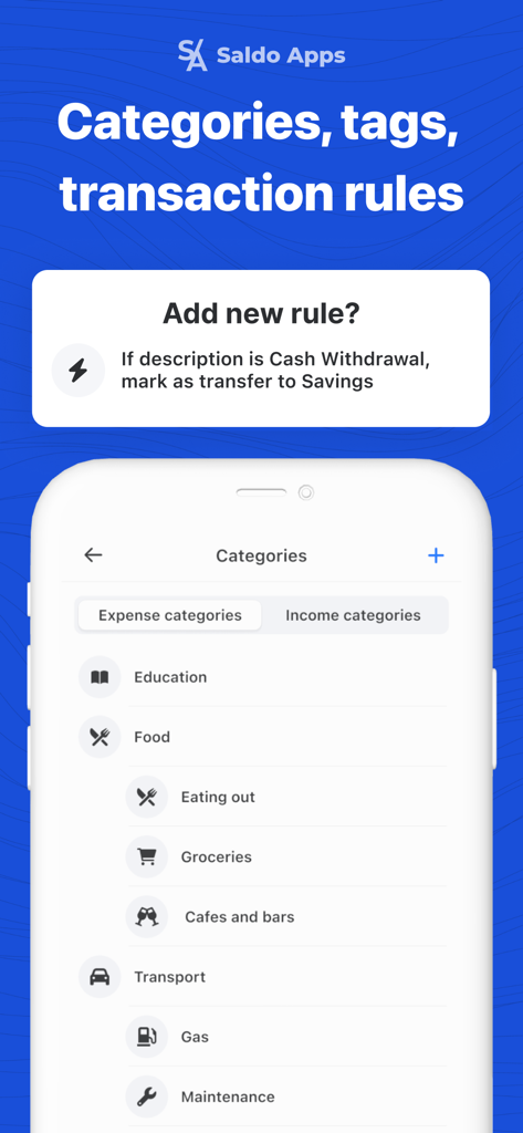 Saldo: Finance Management App - Saldo app interface for creating automated transaction rules and organizing expense categories.
