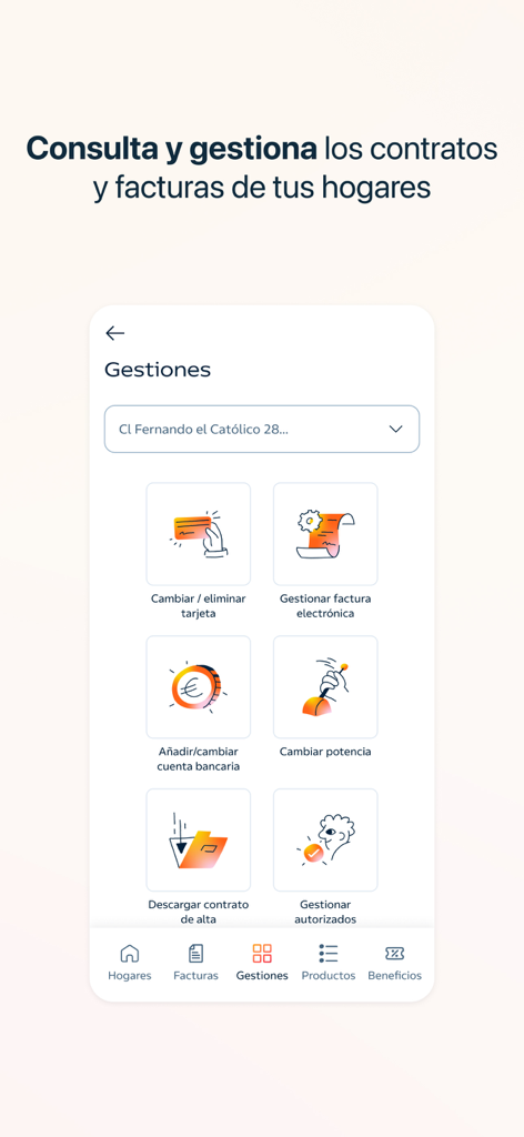 Pantalla de la aplicación Repsol Vivit que muestra opciones de gestión de contratos y facturación para propiedades españolas.