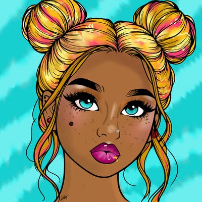 realistic girl with two buns on her hair and lips