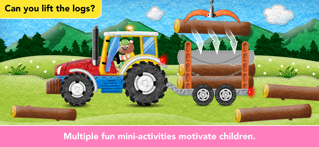 Un colorato gioco di puzzle di trattori per bambini con un mini-gioco di sollevamento tronchi