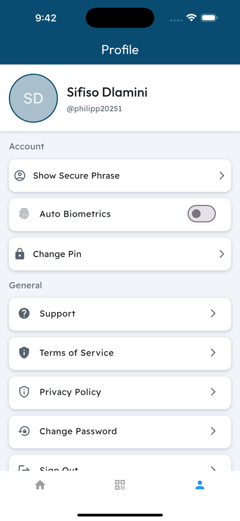 The user profile and account settings screen of the DeltaPay Eswatini mobile app.