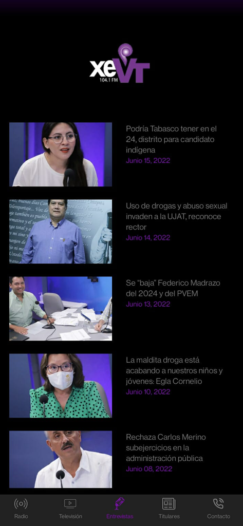 Xevt telereportaje - Sección de entrevistas de la aplicación de noticias Xevt telereportaje mostrando una lista de reportajes de noticias en video de Tabasco México