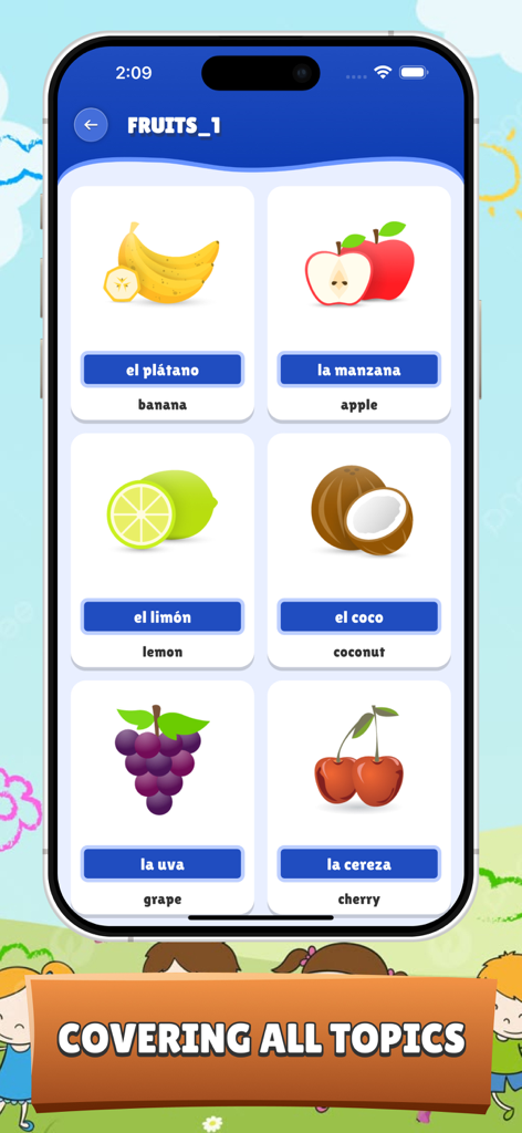 Spanish for Kids and Beginners - Screenshot of a Spanish learning app for kids showing a visual dictionary for fruits including banana apple and lemon